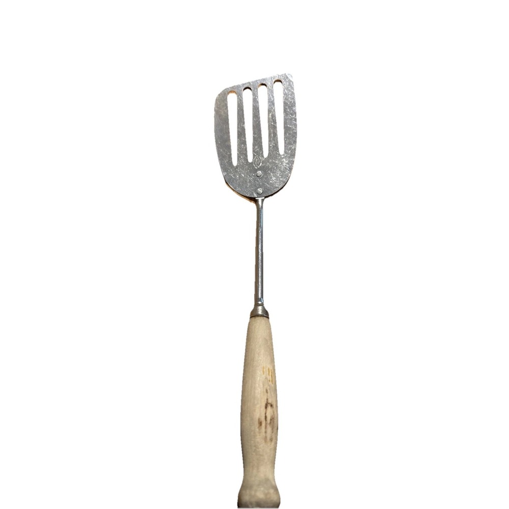 Vaughn Manufacturing USA Slanted Slotted Spatula‎ Wood Handle 13.5" VINTAGE